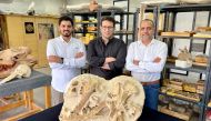 This handout picture provided by the American University in Cairo (AUC) on August 10, 2023 shows Egyptian paleontologist Hesham Sallam (R), professor of vertebrate paleontology at the American University in Cairo (AUC) and founder of Mansoura University Vertebrate Paleontology Center (MUVP), along with Egyptian paleontologists Abdullah Gohar (L) and Mohamed Sameh (C) standing before holotype fossils of their discovery of a new species of extinct basilosaurid whale, Tutcetus rayanensis, that inhabited the ancient sea covering present-day Egypt around 41 million years ago, at Mansoura University Vertebrate Paleontology Centre. (Photo by American University in Cairo (AUC) / AFP)