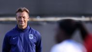 France's head coach Herve Renard looks at his players during a training session at Spencer Park in Brisbane on August 11, 2023, on the eve of the Women's World Cup quarter-final football match between Australia and France. Photo by FRANCK FIFE / AFP