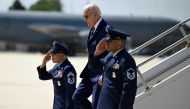 US President Joe Biden arrives at Milwaukee International Airport Air National Guard Base in Milwaukee, Wisconsin, August 15, 2023. President Biden is in Milwaukee to tour and speak about Bidenomics at Ingeteam Inc., which specializes electric power conversion. (Photo by ANDREW CABALLERO-REYNOLDS / AFP)
