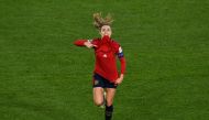 Spain's defender #19 Olga Carmona celebrates after scoring Spain's first goal during the Australia and New Zealand 2023 Women's World Cup final football match between Spain and England at Stadium Australia in Sydney on August 20, 2023. Photo by Saeed KHAN / AFP