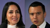 This combination of pictures created on August 21, 2023 shows Ecuadorian presidential candidates Luisa Gonzalez (L) for the Movimiento Revolucion Ciudadana party and Daniel Noboa, for the National Democratic Action party, during a presidential debate in Quito, on August 13, 2023. (Photo by Rodrigo BUENDIA / AFP)

