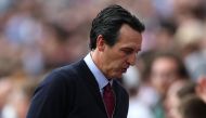 Aston Villa's Spanish head coach Unai Emery walks off the pitch at half-time during the English Premier League football match between Aston Villa and Everton at Villa Park in Birmingham, central England on August 20, 2023. Photo by Adrian DENNIS / AFP

