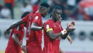 Al Duhail's Michael Olunga (centre) celebrates with teammates after scoring a goal. Pic: Rajan Vadakkemuriyil