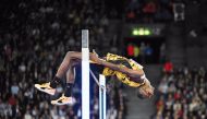 Qatar’s Mutaz Barshim competes in men’s high jump event during the Diamond League meeting in Zurich yesterday. AFP