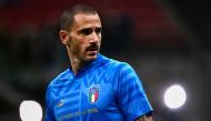 Italy's defender Leonardo Bonucci warms up ahead of the UEFA Nations League's League A Group 3 match between Italy and England, in Milan on September 23, 2022. Photo by Marco BERTORELLO / AFP