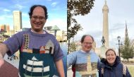 From left: Sam Barsky wears a sweater he knitted depicting the Baltimore Inner Harbor; and Sam Barsky stands with his wife, Deborah, in front of Baltimore's Washington Monument. Photos courtesy of Sam Barsky