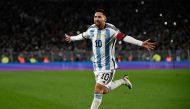 Argentina's forward Lionel Messi celebrates after scoring a goal during the 2026 FIFA World Cup South American qualifiers football match between Argentina and Ecuador, at the Mas Monumental stadium in Buenos Aires, on September 7, 2023. Photo by Luis ROBAYO / AFP