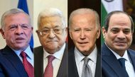 This combination of pictures created on October 16, 2023 shows (from left) Jordan's King Abdullah II, Palestinian President Mahmud Abbas, US President Joe Biden, and Egypt's President Abdel Fattah al-Sisi. (Photo by various sources / AFP)