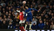 Arsenal's English striker #14 Eddie Nketiah (L) vies with Chelsea's Spanish defender #03 Marc Cucurella (R) during the English Premier League football match between Chelsea and Arsenal at Stamford Bridge in London on October 21, 2023. (Photo by JUSTIN TALLIS / AFP)