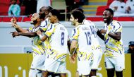 Al Gharafa's Yacine Brahimi (left) celebrates with teammates after scoring his second goal. Pic: Rajan Vadakkemuriyil