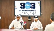 Deputy Director of Qatar National Basketball Teams Yassin Ismail (left) and Chairman of the QBF Media Committee Dr. Khaled Al Qahtani during a press conference yesterday.  