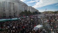 Demonstrators gather in Freedom Plaza during a rally in support of Palestinians in Washington, DC, on November 4, 2023. Photo by Stefani Reynolds / AFP
