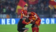 Roma's Belgian forward #90 Romelu Lukaku celebrates with teammates after scoring the team's second goal during the Italian Serie A football match between AS Roma and Lecce on November 5, 2023 at the Olympic stadium in Rome. (Photo by Alberto PIZZOLI / AFP)
