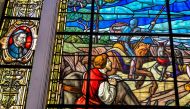 Details of a restored stained-glass window with scenes of Don Quixote, on November 7, 2023, in Havana. (Photo by Adalberto Roque / AFP)