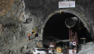 A general view shows the entrance of the under construction Silkyara road tunnel during rescue efforts for trapped constructions workers days after a section of the tunnel collapsed in the Uttarkashi district of India's Uttarakhand state on November 22, 2023. Photo by Arun SANKAR / AFP