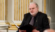 Norwegian author, playwright and laureate of the 2023 Literature Nobel Prize, Jon Fosse gives his Nobel lecture at the Swedish Academy in Stockholm, Sweden, on December 7, 2023, ahead of the Nobel Prize ceremonies on December 10. (Photo by Fredrik Persson / TT News Agency / AFP) 