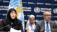 Minister of Public Health and Chair of the Executive Board H E Dr. Hanan Mohammed Al Kuwari  and Dr Tedros Adhanom Ghebreyesus, Director-General of  WHO during the opening of the Special Session of the Executive Board on the health situation in the occupied Palestinian territory.
