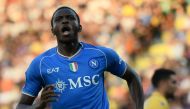 (FILES) Napoli's Nigerian forward Victor Osimhen celebrates after scoring the second goal during the Italian Serie A football match Frosinone vs Napoli at the Benito Stirpe stadium in Frosinone, on August 19, 2023. (Photo by Filippo MONTEFORTE / AFP)