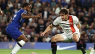 (FILES) Chelsea's English midfielder #07 Raheem Sterling (L) Luton Town's Welsh defender #04 Tom Lockyer (R) during the English Premier League football match between Chelsea and Luton at Stamford Bridge in London on August 25, 2023. (Photo by HENRY NICHOLLS / AFP)

