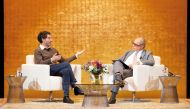 Dr. Safwan Masri, dean of GU-Q (right), in conversation with Tareq Baconi, a Historian and Analyst at the Palestine Speaker Series