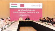 President of the Republic of Tajikistan, H E Emomali Rahmon; Minister of Commerce and Industry, H E Sheikh Mohammed bin Hamad bin Qassim Al Thani with other officials during the Qatari-Tajik Business Forum. 