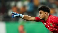 South Africa's goalkeeper #1 Ronwen Williams celebrates after winning at the end of the Africa Cup of Nations (CAN) 2024 quarter-final football match between Cape Verde and South Africa at the Stade Charles Konan Banny in Yamoussoukro on February 3, 2024. (Photo by FRANCK FIFE / AFP)
