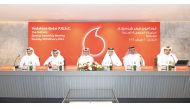 Vodafone Qatar Vice-Chairman H E Akbar Al Baker with other officials during the annual general meeting, yesterday.