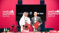 GCO Director and Chairman of the Web Summit Qatar 2024 Organising Committee, H E Sheikh Jassim bin Mansour bin Jabor Al Thani and General Manager Global Business Solutions at TikTok METAPEE, Shadi Kandil, after singing the agreement. 