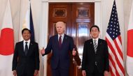 US President Joe Biden speaks to the press with Japanese Prime Minister Fumio Kishida (R) and Filipino President Ferdinand Marcos Jr. (L) at the White House in Washington, DC, April 11, 2024. (Photo by Andrew Caballero-Reynold / AFP)
