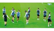 Al Arabi players take part in a training session, yesterday. Pictures: Mohammed Farag / The Peninsula