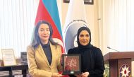 Chairperson of the National Human Rights Committee (NHRC) H E Maryam bint Abdullah Al Attiyah with an Azerbaijan Human Rights official in Baku.
