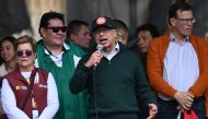 Colombian President Gustavo Pestro delivers a speech during a May Day (Labor Day) rally in Bogota on May 1, 2024. (Photo by Raul ARBOLEDA / AFP)
