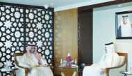 Minister of Commerce and Industry, H E Sheikh Mohammed bin Hamad bin Qassim Al Thani, with Minister of Industry and Mineral Resources, H E Bandar bin Ibrahim Alkhorayef in the Kingdom of Saudi Arabia during their meeting. 