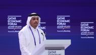 Prime Minister and Minister of Foreign Affairs HE Sheikh Mohammed bin Abdulrahman bin Jassim Al-Thani addresses the opening session of the Qatar Economic Forum in Doha on May 14, 2024. (Photo by Karim Jaafar / AFP)
