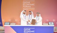 Sheikh Dr. Abdulla bin Ali Al Thani, Chairman of Media City Qatar and Dr. Omar Al Ansari, President of Qatar University during the agreement signing.
