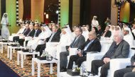 Chairman of Board of Directors of Al Jazeera Media Network, H E Sheikh Hamad bin Thamer Al Thani (fourth right); Director of Media Development Department, Qatar Media Corporation, H E Sheikh Khalid bin Abdulaziz Al Thani (sixth right); Acting Director General of Al Jazeera Media Network, Dr. Mostefa Souag (fifth right); with officials and guests at the opening of Al Jazeera Forum. 