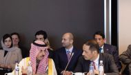 Prime Minister and Minister of Foreign Affairs H E Sheikh Mohammed bin Abdulrahman bin Jassim Al Thani and Saudi Foreign Minister H H Prince Faisal bin Farhan Al Saud during the meeting in Brussels yesterday.   