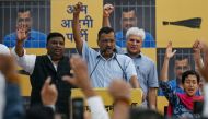 Arvind Kejriwal (C), Chief Minister of the capital Delhi and leader of the Aam Aadmi Party (AAP), addresses his supporters at the AAP's headquarters on June 2, 2024. (Photo by Arun Sankar / AFP)