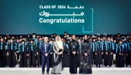 Chairperson of Qatar Foundation H H Sheikha Moza bint Nasser, Prime Minister and Minister of Foreign Affairs H E Sheikh Mohammed bin Abdulrahman bin Jassim Al Thani, Vice Chairperson and CEO of Qatar Foundation H E Sheikha Hind bint Hamad Al Thani, and President of Hamad Bin Khalifa University Dr. Ahmad M Hasnah with the graduates during QF’S 2024 Convocation ceremony.