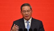 (Files) China's Premier Li Qiang delivers his speech during the China Development Forum in Beijing on March 24, 2024. (Photo by Pedro Pardo / Pool / AFP)