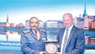 Chief of Staff of the Armed Forces H E Lieutenant General (Pilot) Salem bin Hamad bin Aqeel Al Nabet with CEO and President of Saab H E Micael Johansson during his visit to the company.

