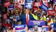 Former US President and Republican presidential candidate Donald Trump reacts as he arrives to speak at a rally at 1st Summit Arena at the Cambria County War Memorial in Johnstown, Pennsylvania, on August 30, 2024. (Photo by ROBERTO SCHMIDT / AFP)
