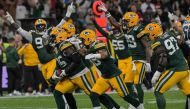 Green Bay Packers players celebrate during the NFL American football match Philadelphia Eagles vs Green Bay Packers, at Neo Quimica Arena,in Sao Paulo, Brazil, on September 6, 2024. (Photo by Nelson Almeida / AFP)