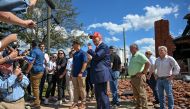 Former US President and Republican presidential candidate Donald Trump delivers remarks to the press in the aftermath of powerful storm Helene at Chez What furniture store in Valdosta, Georgia, September 30, 2024. (Photo by Chandan Khanna / AFP)