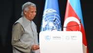 Bangladesh's interim leader Muhammad Yunus gives a speech during the United Nations Climate Change Conference (COP29) in Baku on November 13, 2024. (Photo by Alexander Nemenov / AFP)
