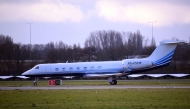 A Gulfstream G550 plane believed to carry former Philippine President Rodrigo Duterte is seen after landing at Rotterdam The Hague Airport, following his arrest on an International Criminal Court warrant tied to his deadly crackdown on drugs, on March 12, 2025. (Photo by John Thys / AFP)
