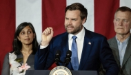 US Vice President JD Vance join by his wife Usha Vance and plant owner Paul Aultman, speaks at Vantage Plastics in Bay City, Michigan, March 14, 2025. (Photo by JEFF KOWALSKY / AFP)

