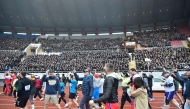 Participants attend the 31st Pyongyang International Marathon at Kim Il Sung Stadium in Pyongyang on April 6, 2025. (Photo by Kim Won Jin / AFP)