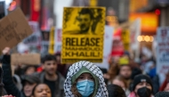 Demonstrators gather in Times Square in solidarity and to demand the release of detained Columbia University graduate student Mahmoud Khalil on April 12, 2025 in New York City. (Photo by David Dee Delgado / GETTY IMAGES NORTH AMERICA / Getty Images via AFP)
