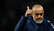 Nottingham Forest's Portuguese manager Nuno Espirito Santo does a thumb up as he celebrates at the end of the English Premier League football match between Tottenham Hotspur and Nottingham Forest at the Tottenham Hotspur Stadium in London, on April 21, 2025. (Photo by Ben STANSALL / AFP) 